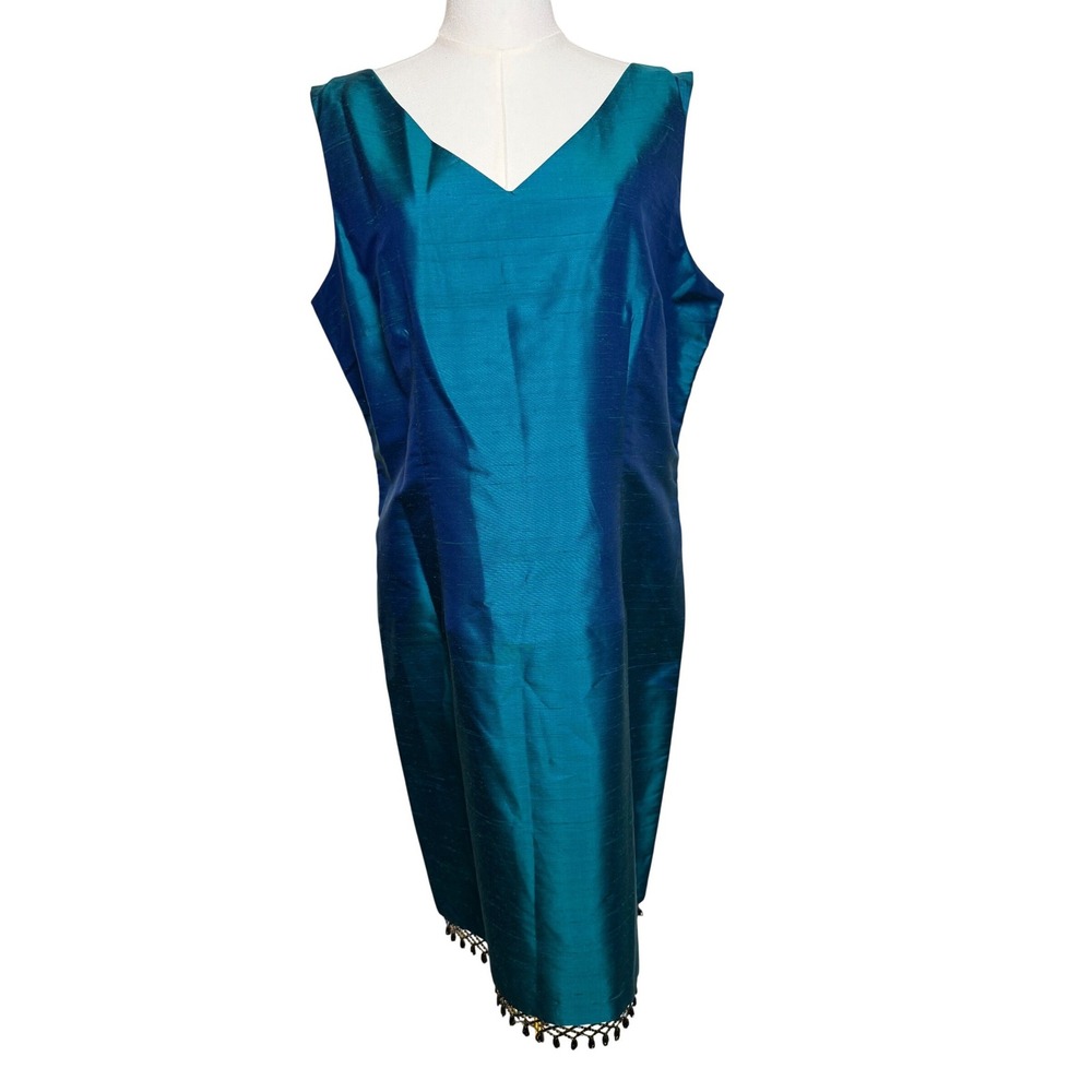 ICE Jade Iridescent 100% Silk Beaded Fringe Hem Sheath Dress Womens 14 194587